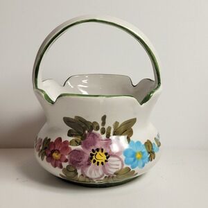 Hand Painted Italy Ceramic Floral Basket Bowl White Floral Cottage Scalloped MCM